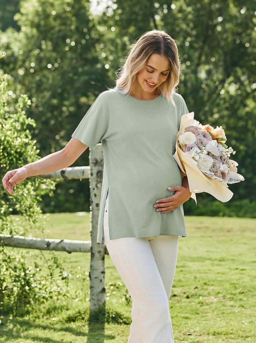 imageEkouaer 4 Pack Maternity Shirts Short Sleeve Pregnancy Tunic Tops Casual Postpartum Outfits Split Side Mama ClothesBlackLight BlueLight GreenGray White Stripes
