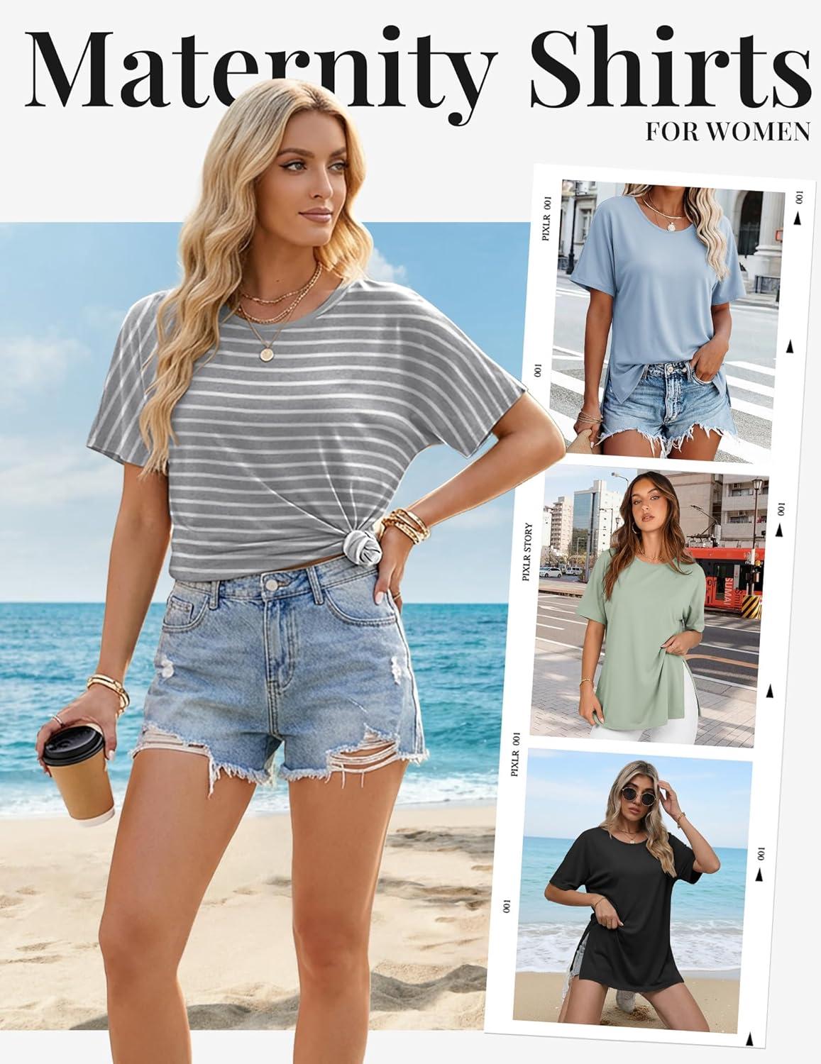 imageEkouaer 4 Pack Maternity Shirts Short Sleeve Pregnancy Tunic Tops Casual Postpartum Outfits Split Side Mama ClothesBlackLight BlueLight GreenGray White Stripes