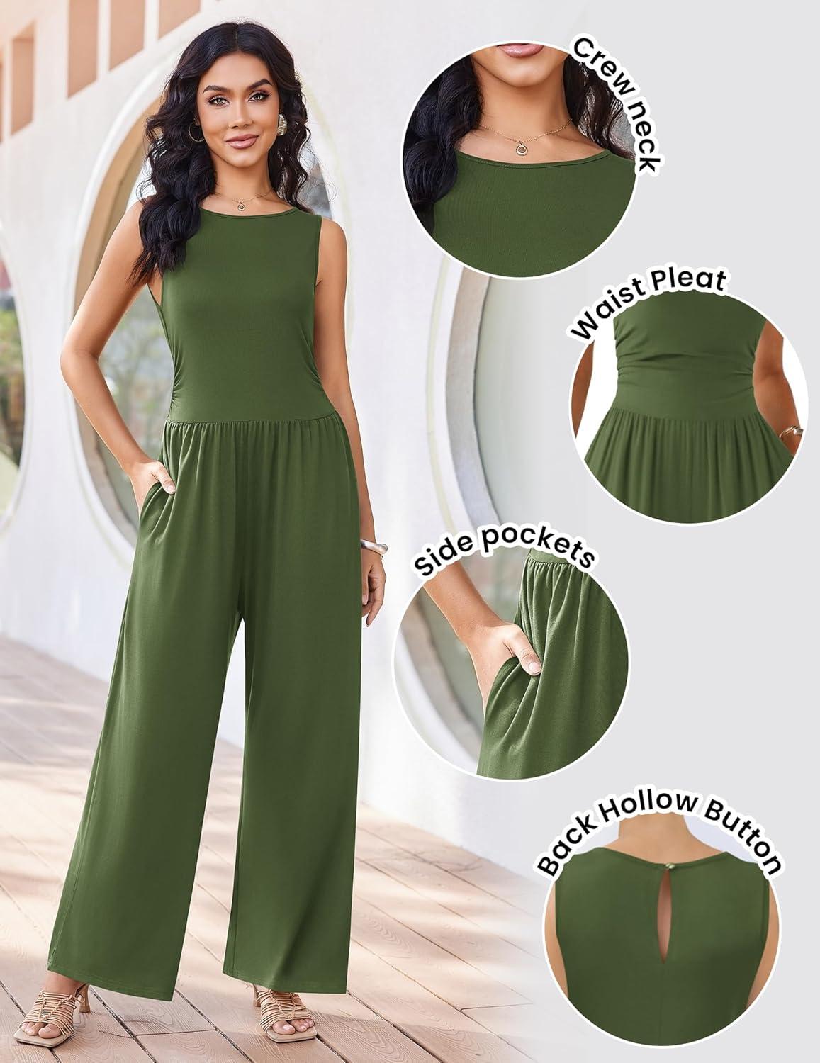 imageEkouaer Jumpsuits for Women One Piece Jumpsuit Wide Leg Sleeveless Crewneck Casual Womens Romper Jumpers With Pockets 2026Army Green