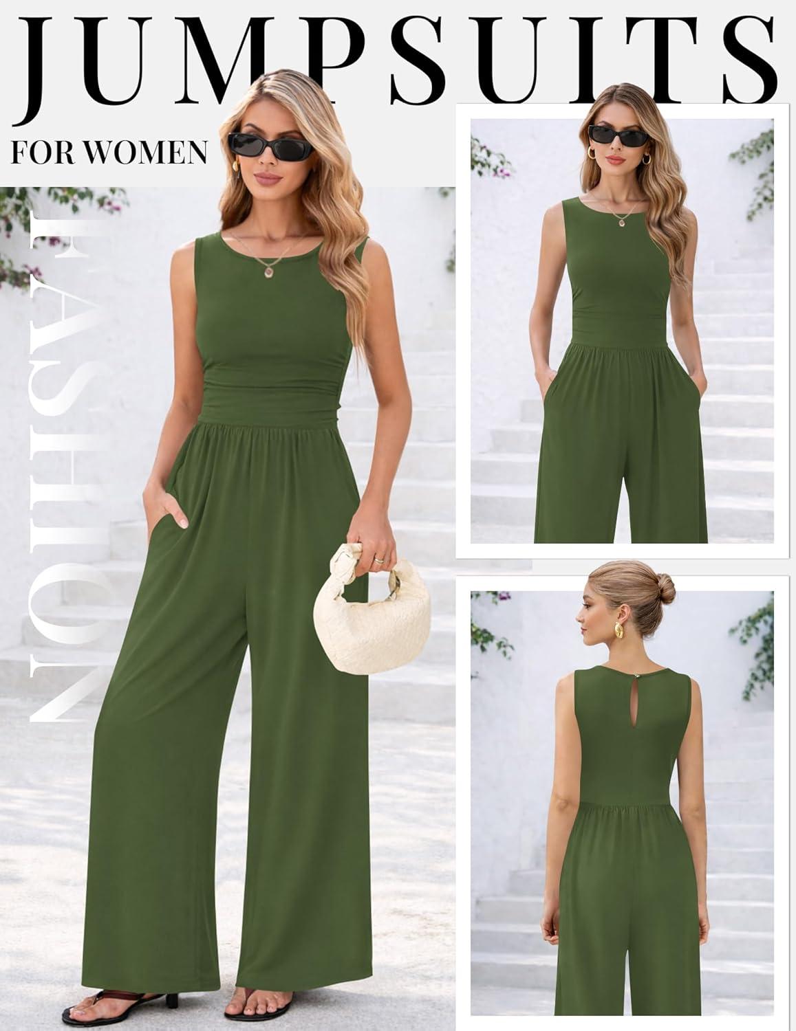 imageEkouaer Jumpsuits for Women One Piece Jumpsuit Wide Leg Sleeveless Crewneck Casual Womens Romper Jumpers With Pockets 2026Army Green