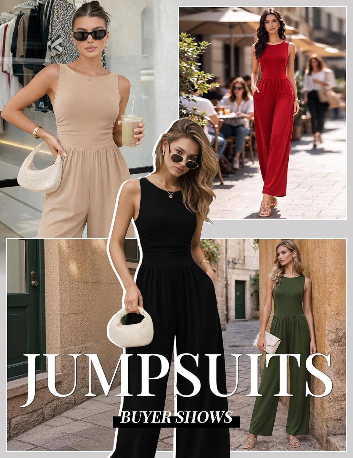imageEkouaer Jumpsuits for Women One Piece Jumpsuit Wide Leg Sleeveless Crewneck Casual Womens Romper Jumpers With Pockets 2026Army Green