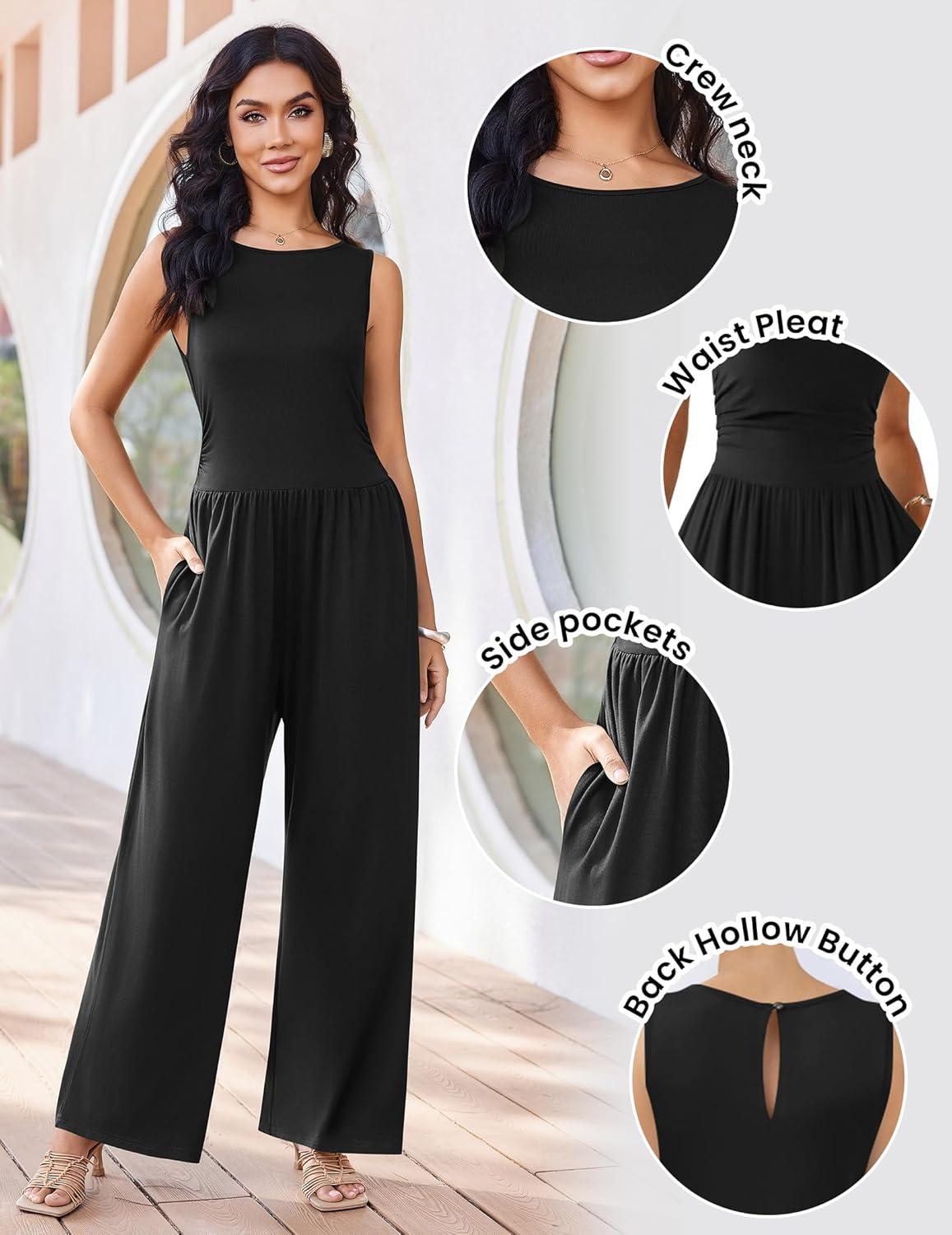 imageEkouaer Jumpsuits for Women One Piece Jumpsuit Wide Leg Sleeveless Crewneck Casual Womens Romper Jumpers With Pockets 2026Black