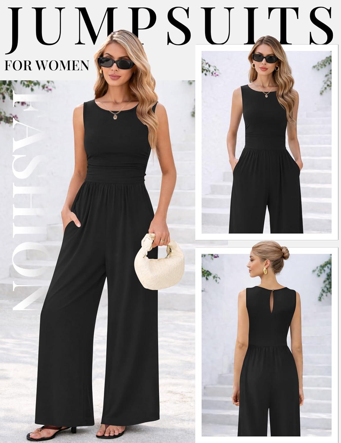 imageEkouaer Jumpsuits for Women One Piece Jumpsuit Wide Leg Sleeveless Crewneck Casual Womens Romper Jumpers With Pockets 2026Black