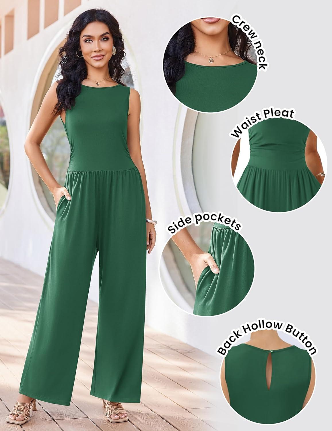 imageEkouaer Jumpsuits for Women One Piece Jumpsuit Wide Leg Sleeveless Crewneck Casual Womens Romper Jumpers With Pockets 2026Green