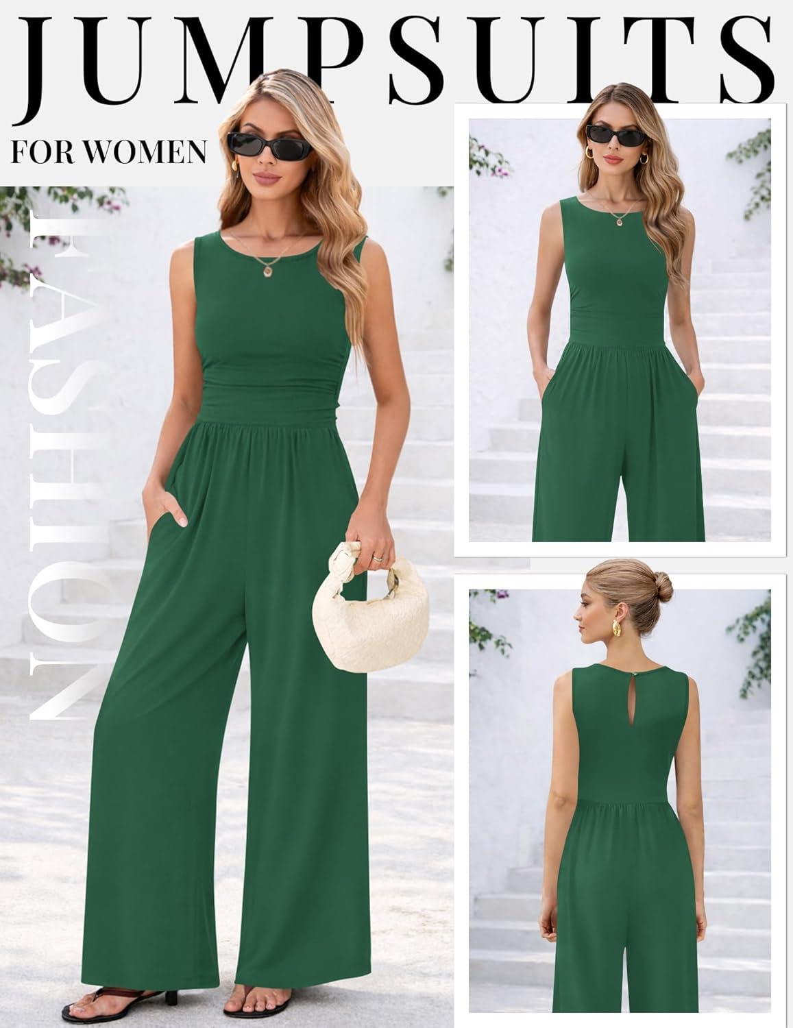 imageEkouaer Jumpsuits for Women One Piece Jumpsuit Wide Leg Sleeveless Crewneck Casual Womens Romper Jumpers With Pockets 2026Green