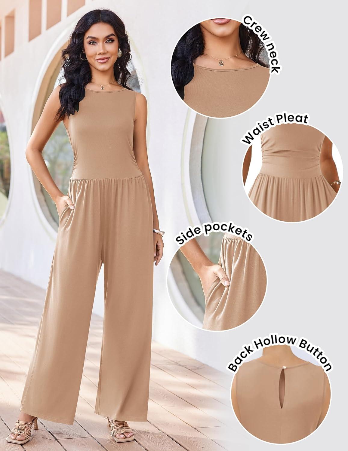 imageEkouaer Jumpsuits for Women One Piece Jumpsuit Wide Leg Sleeveless Crewneck Casual Womens Romper Jumpers With Pockets 2026Khaki
