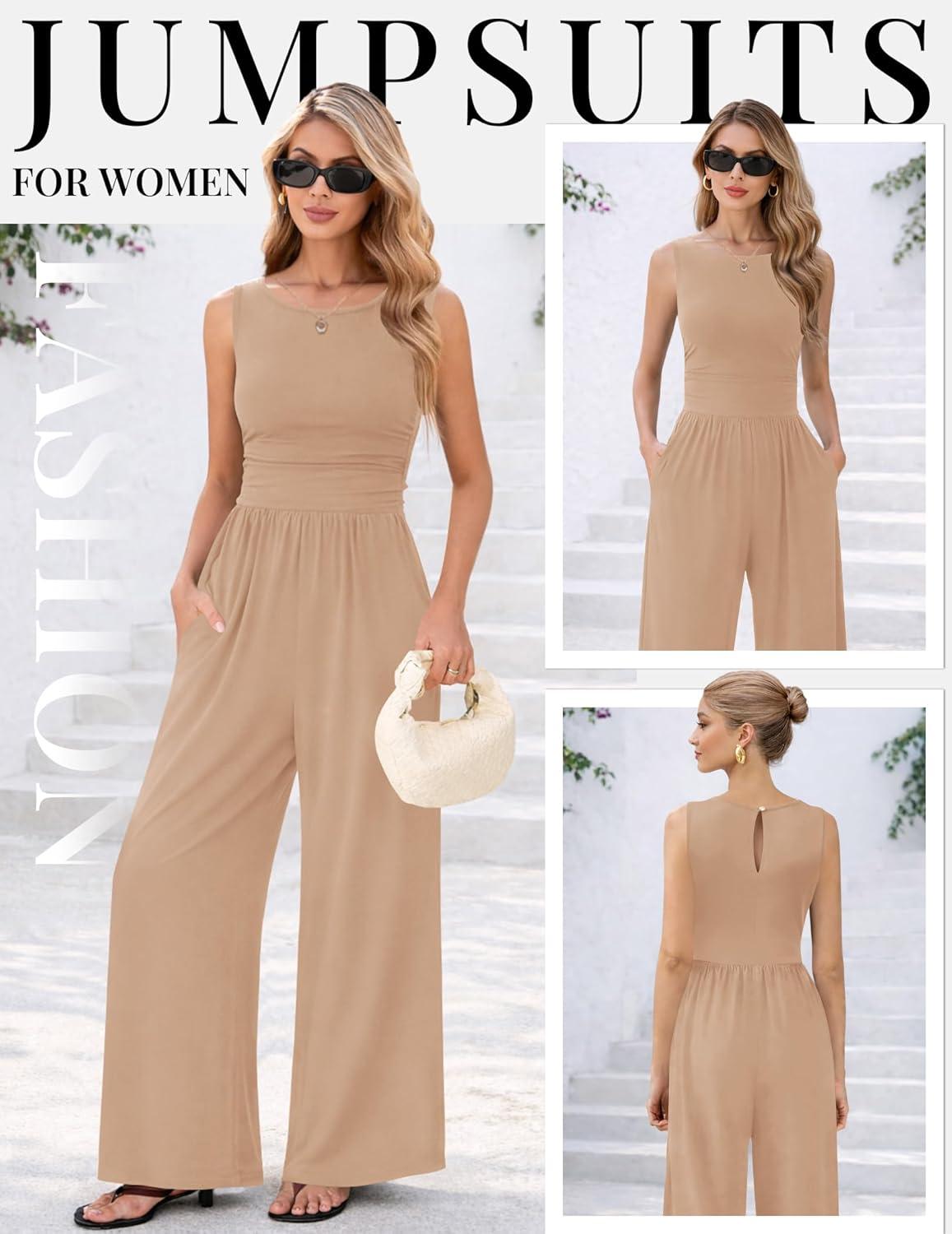 imageEkouaer Jumpsuits for Women One Piece Jumpsuit Wide Leg Sleeveless Crewneck Casual Womens Romper Jumpers With Pockets 2026Khaki