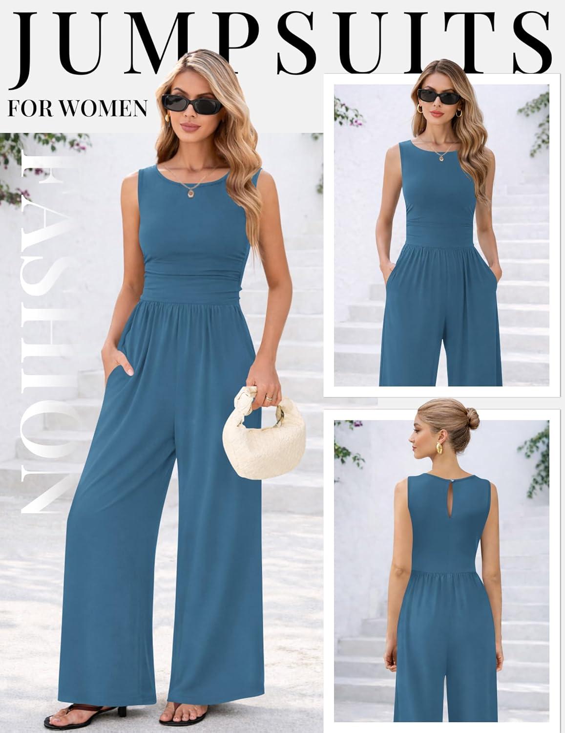 imageEkouaer Jumpsuits for Women One Piece Jumpsuit Wide Leg Sleeveless Crewneck Casual Womens Romper Jumpers With Pockets 2026Lake Blue