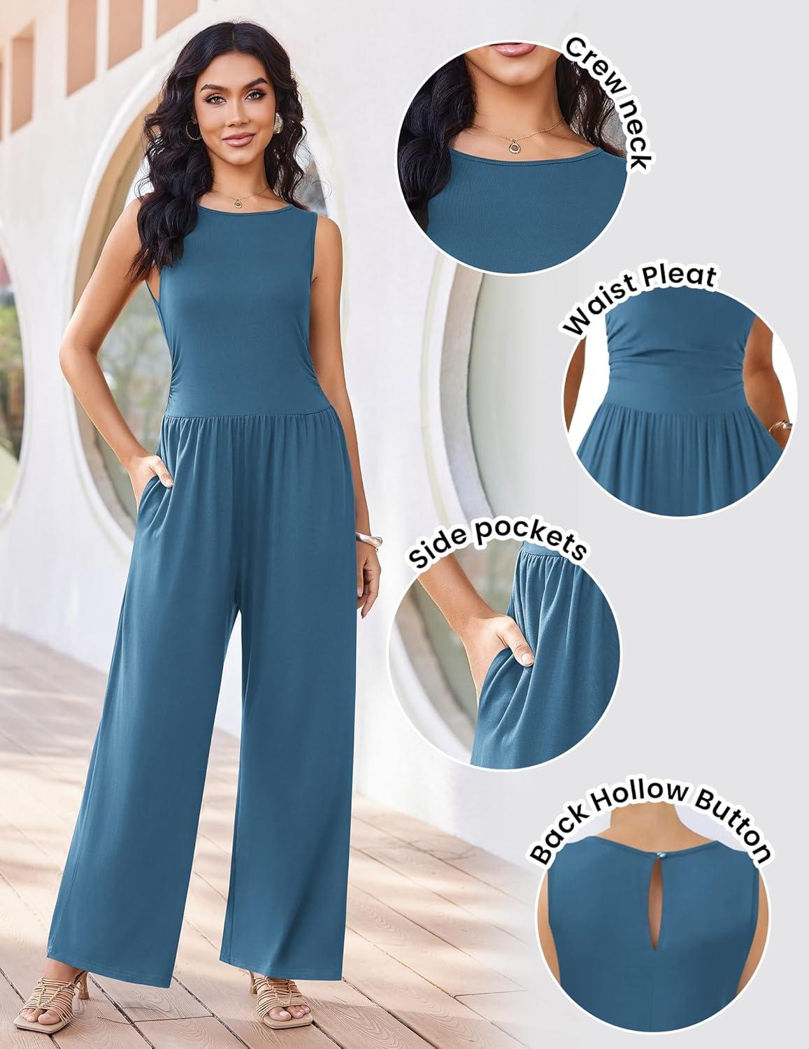 imageEkouaer Jumpsuits for Women One Piece Jumpsuit Wide Leg Sleeveless Crewneck Casual Womens Romper Jumpers With Pockets 2026Lake Blue