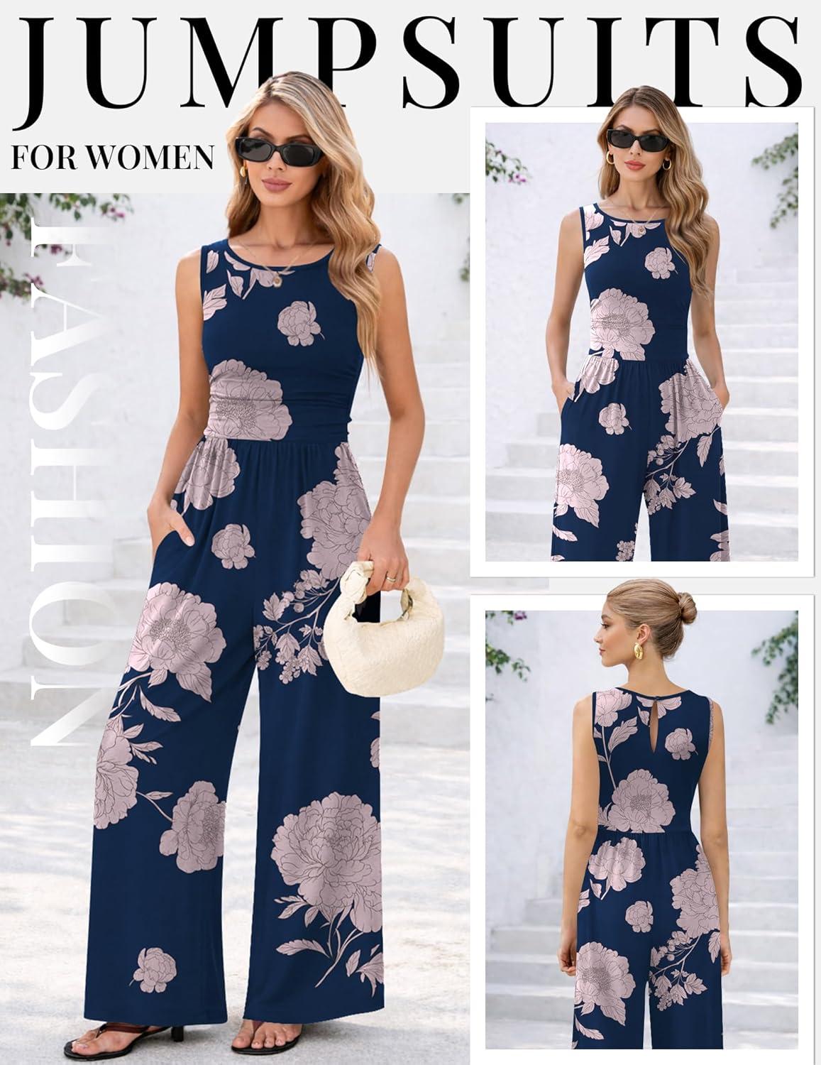 imageEkouaer Jumpsuits for Women One Piece Jumpsuit Wide Leg Sleeveless Crewneck Casual Womens Romper Jumpers With Pockets 2026Pink Floral Navy