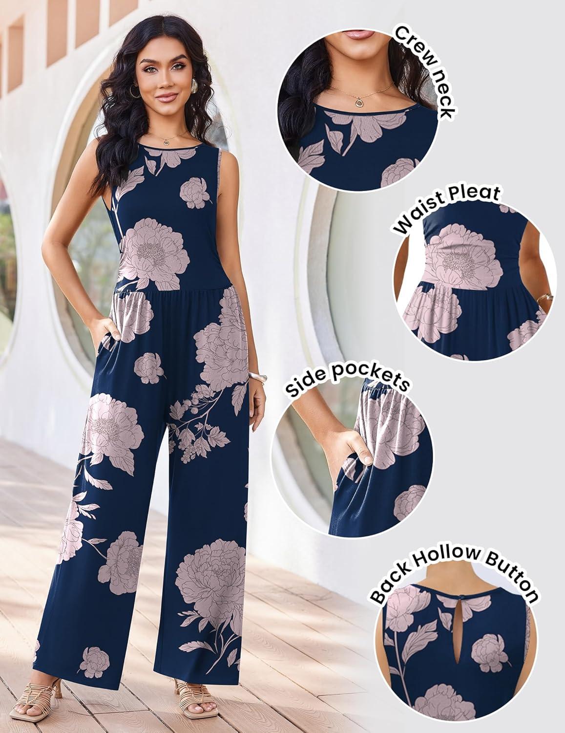 imageEkouaer Jumpsuits for Women One Piece Jumpsuit Wide Leg Sleeveless Crewneck Casual Womens Romper Jumpers With Pockets 2026Pink Floral Navy