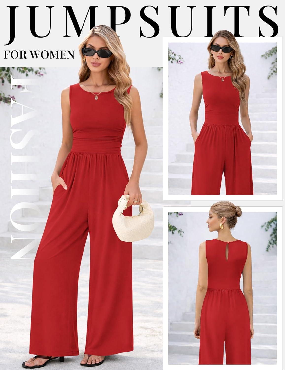 imageEkouaer Jumpsuits for Women One Piece Jumpsuit Wide Leg Sleeveless Crewneck Casual Womens Romper Jumpers With Pockets 2026Red