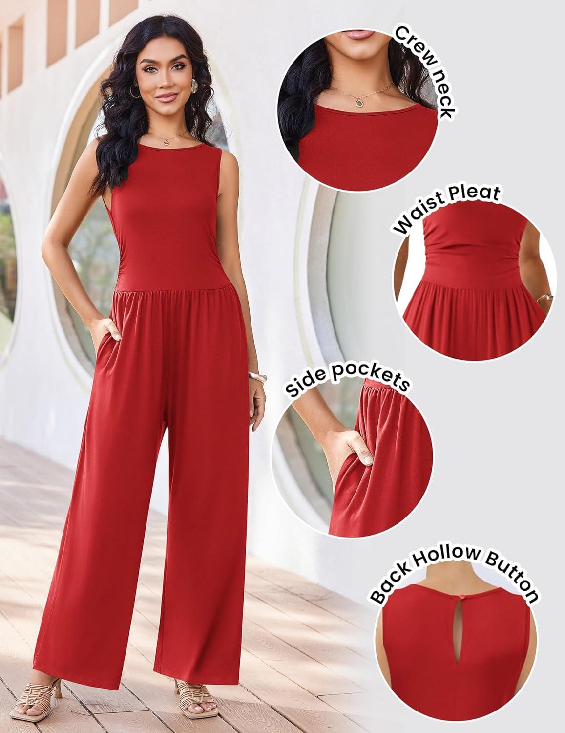 imageEkouaer Jumpsuits for Women One Piece Jumpsuit Wide Leg Sleeveless Crewneck Casual Womens Romper Jumpers With Pockets 2026Red