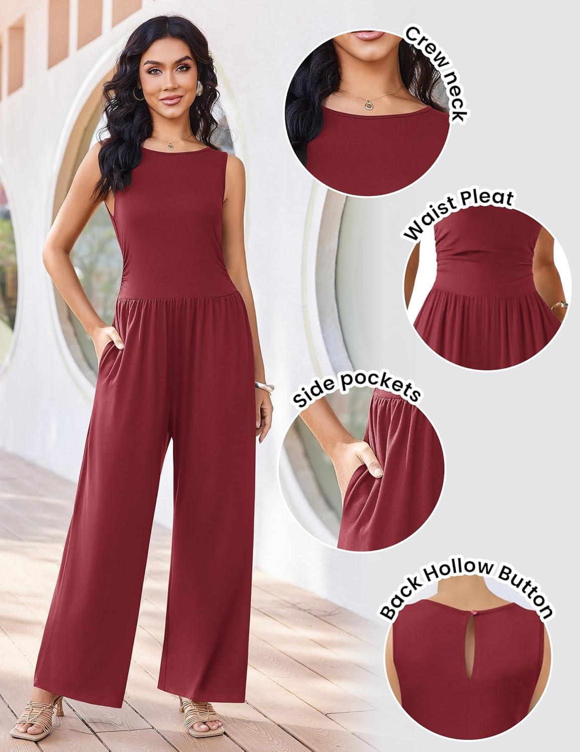 imageEkouaer Jumpsuits for Women One Piece Jumpsuit Wide Leg Sleeveless Crewneck Casual Womens Romper Jumpers With Pockets 2026Wine Red