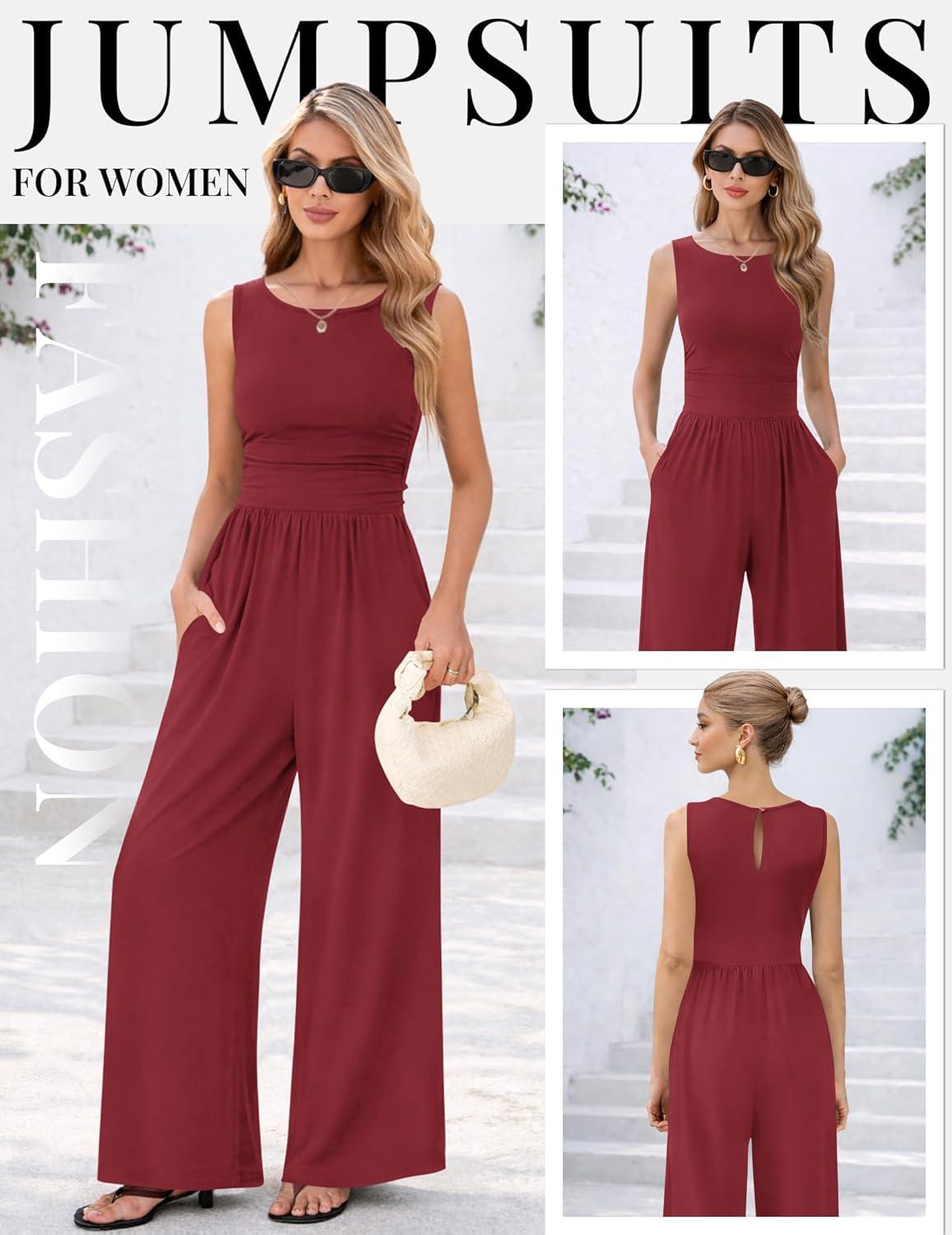 imageEkouaer Jumpsuits for Women One Piece Jumpsuit Wide Leg Sleeveless Crewneck Casual Womens Romper Jumpers With Pockets 2026Wine Red