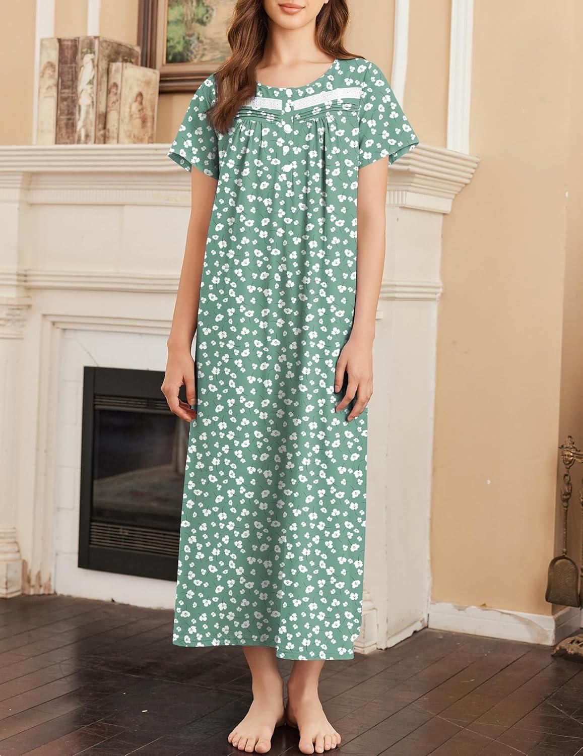 imageEkouaer Nightgown for Women Cotton Long Night Gown Short Sleeve Nightdress with Pockets Button Sleepshirt Soft SleepwearGreen White Florals