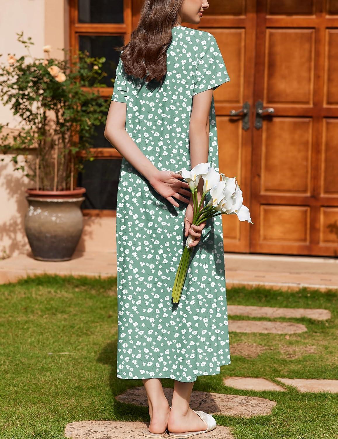 imageEkouaer Nightgown for Women Cotton Long Night Gown Short Sleeve Nightdress with Pockets Button Sleepshirt Soft SleepwearGreen White Florals