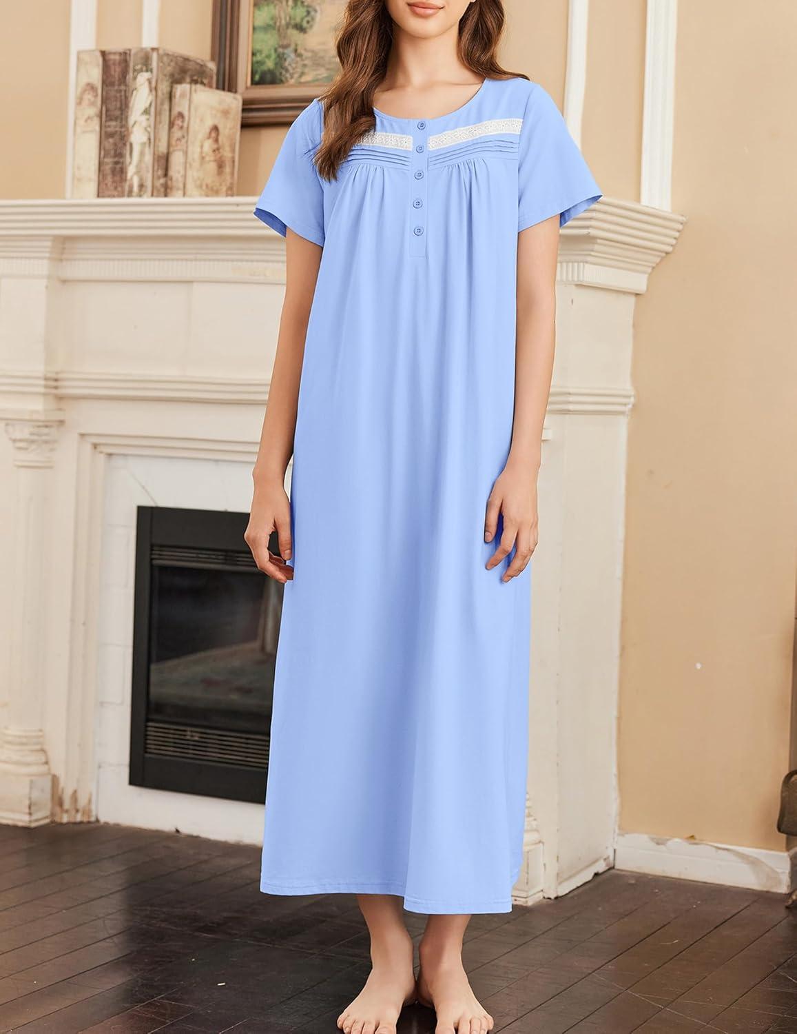 imageEkouaer Nightgown for Women Cotton Long Night Gown Short Sleeve Nightdress with Pockets Button Sleepshirt Soft SleepwearLight Blue