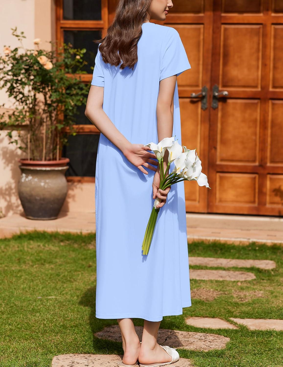 imageEkouaer Nightgown for Women Cotton Long Night Gown Short Sleeve Nightdress with Pockets Button Sleepshirt Soft SleepwearLight Blue