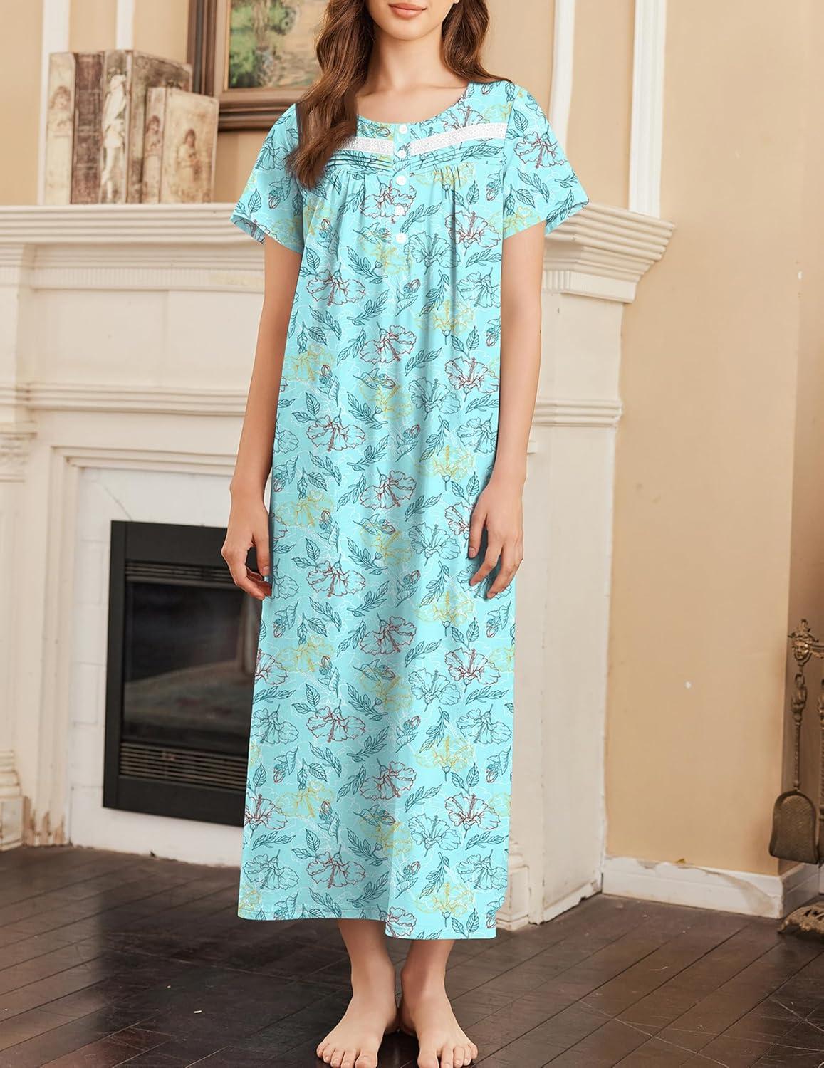 imageEkouaer Nightgown for Women Cotton Long Night Gown Short Sleeve Nightdress with Pockets Button Sleepshirt Soft SleepwearLine Drawing Flowers