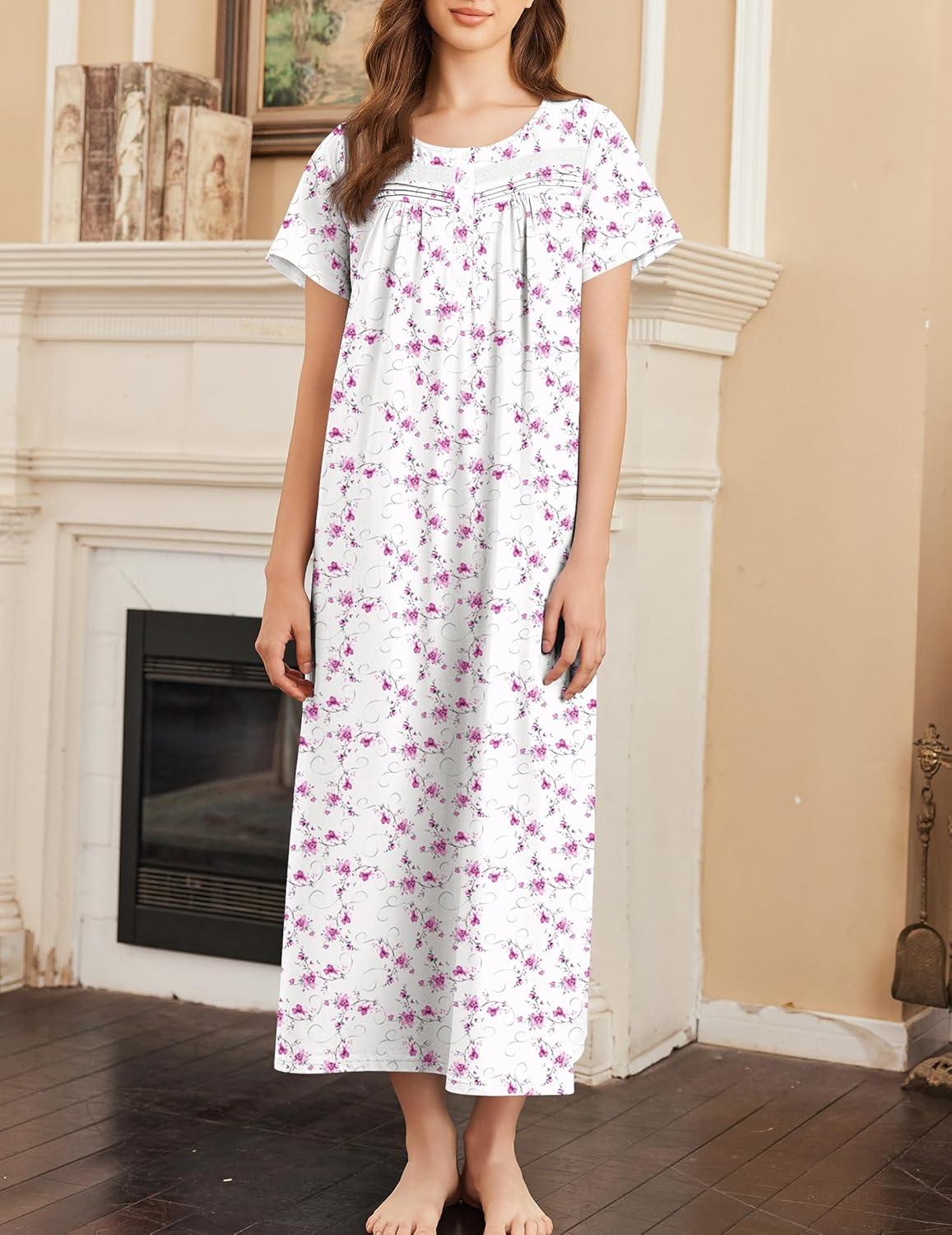 imageEkouaer Nightgown for Women Cotton Long Night Gown Short Sleeve Nightdress with Pockets Button Sleepshirt Soft SleepwearPink Line Florals