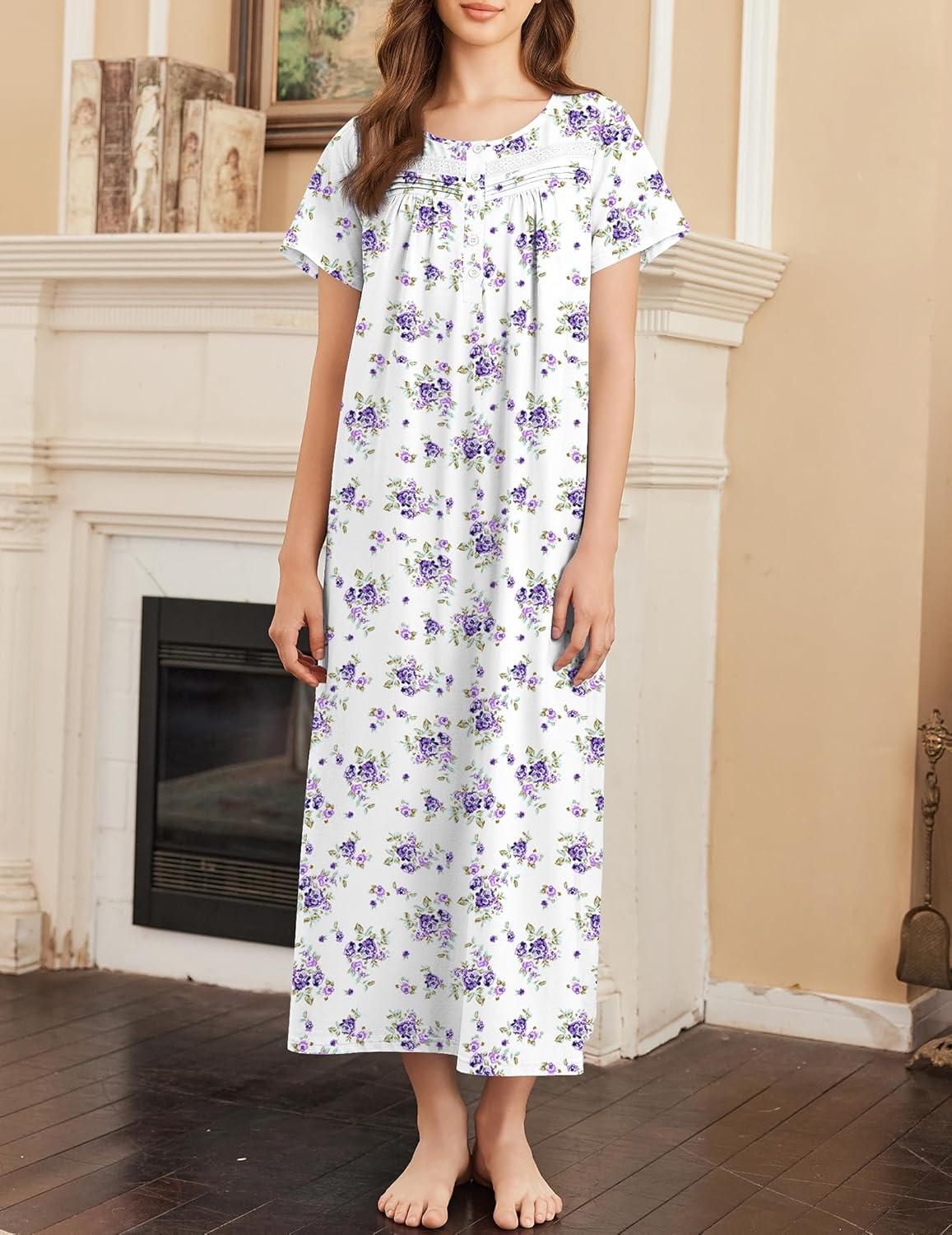 imageEkouaer Nightgown for Women Cotton Long Night Gown Short Sleeve Nightdress with Pockets Button Sleepshirt Soft SleepwearWhite Purple Florals