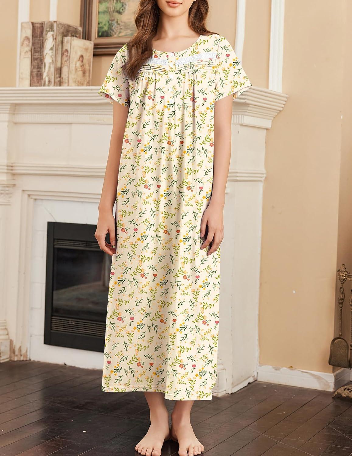 imageEkouaer Nightgown for Women Cotton Long Night Gown Short Sleeve Nightdress with Pockets Button Sleepshirt Soft SleepwearYellow Green Leaves