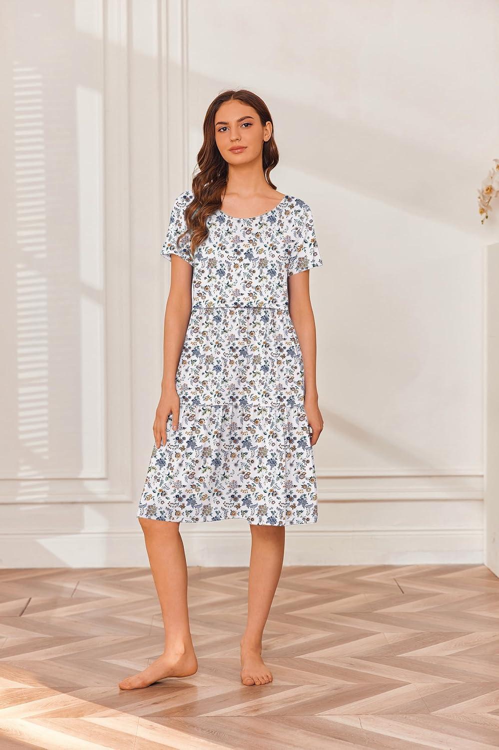 imageEkouaer Nursing Dress Summer Short Sleeve Breastfeeding Casual Knee Length Maternity Dresses SXXLFloral Cream