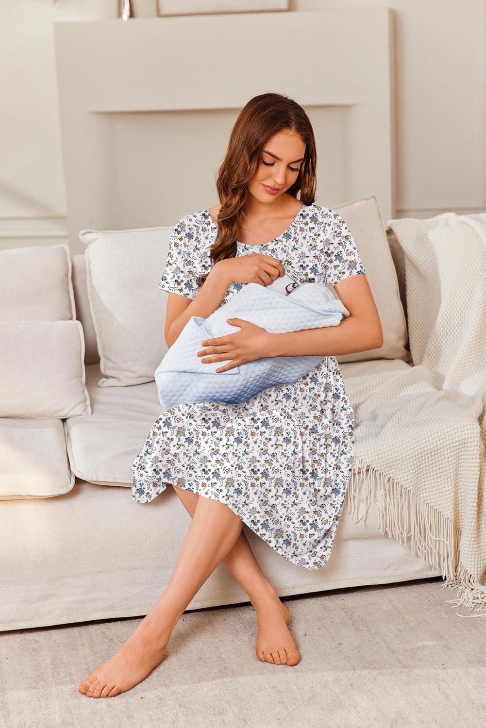 imageEkouaer Nursing Dress Summer Short Sleeve Breastfeeding Casual Knee Length Maternity Dresses SXXLFloral Cream