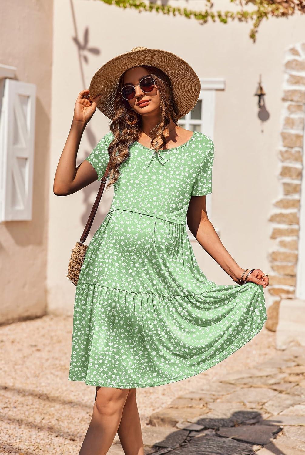 imageEkouaer Nursing Dress Summer Short Sleeve Breastfeeding Casual Knee Length Maternity Dresses SXXLGreen Floral