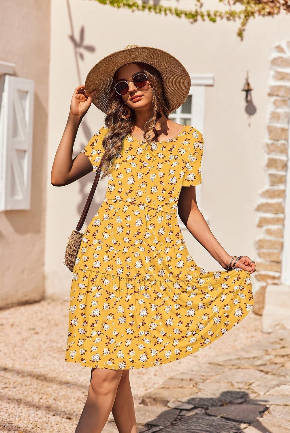 imageEkouaer Nursing Dress Summer Short Sleeve Breastfeeding Casual Knee Length Maternity Dresses SXXLYellow Floral