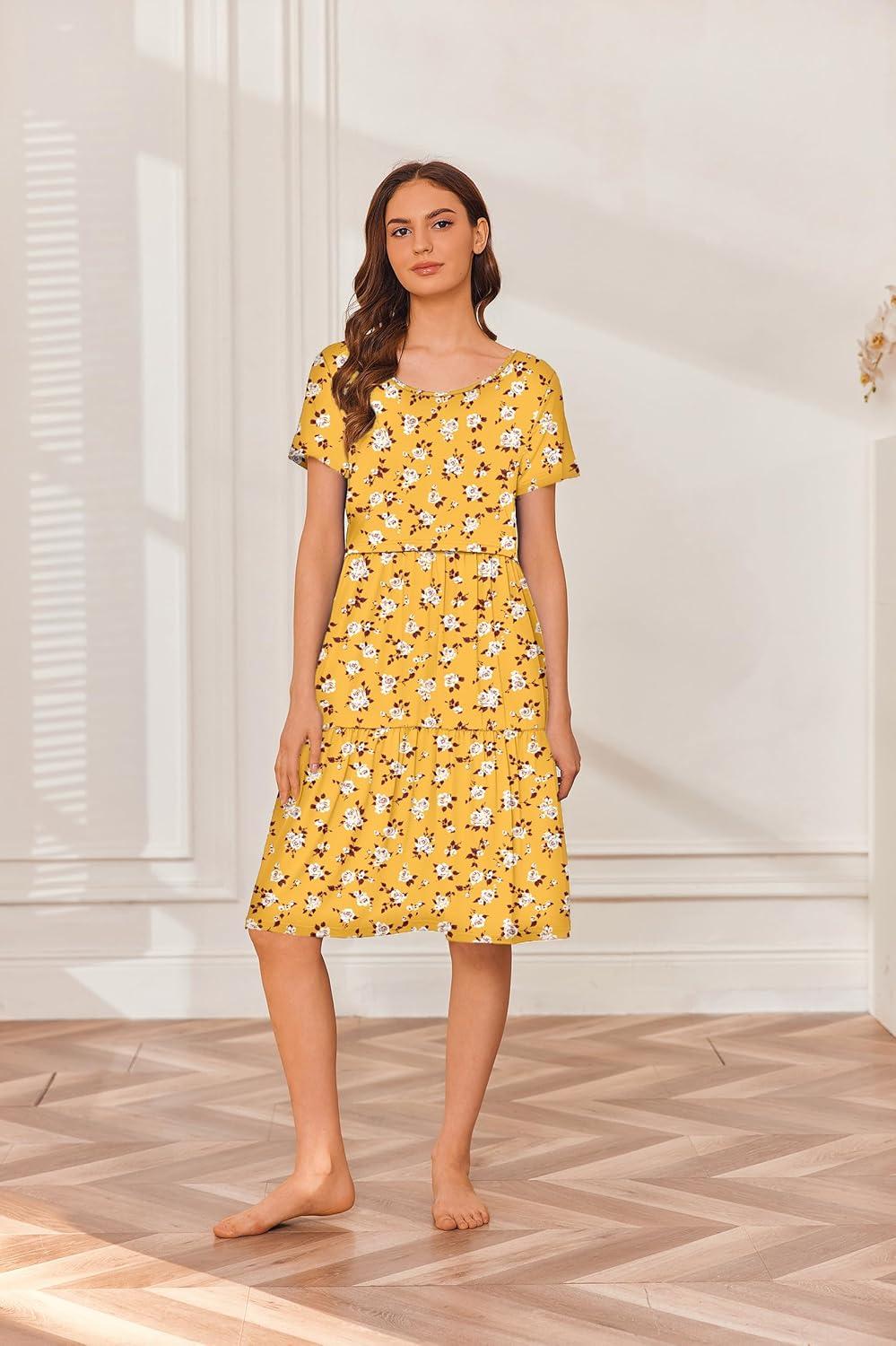 imageEkouaer Nursing Dress Summer Short Sleeve Breastfeeding Casual Knee Length Maternity Dresses SXXLYellow Floral