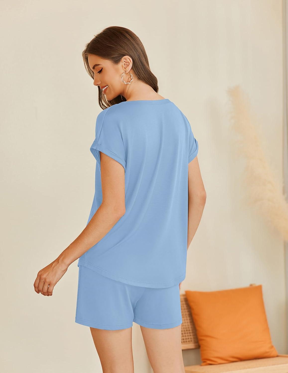 imageEkouaer Pajamas for Women Set Button Up Pj Sets Soft V Neck Short Sleeve Sleepwear 2 Piece LoungewearLight Blue