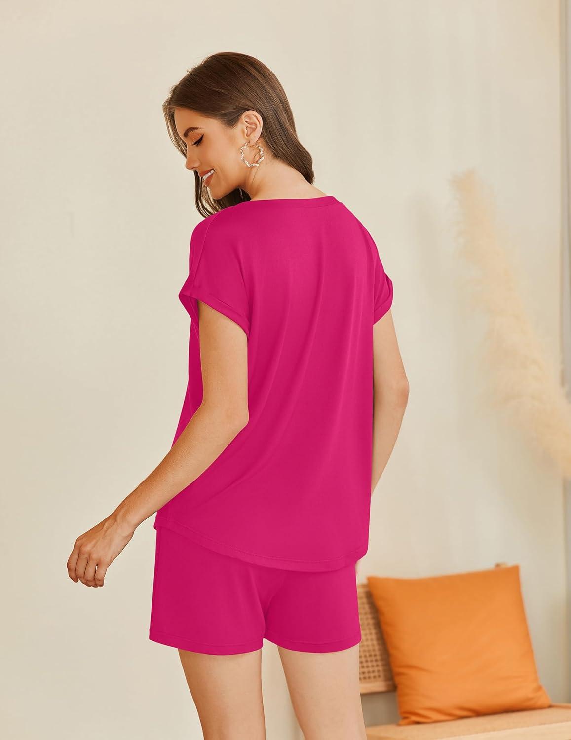 imageEkouaer Pajamas for Women Set Button Up Pj Sets Soft V Neck Short Sleeve Sleepwear 2 Piece LoungewearRose Red