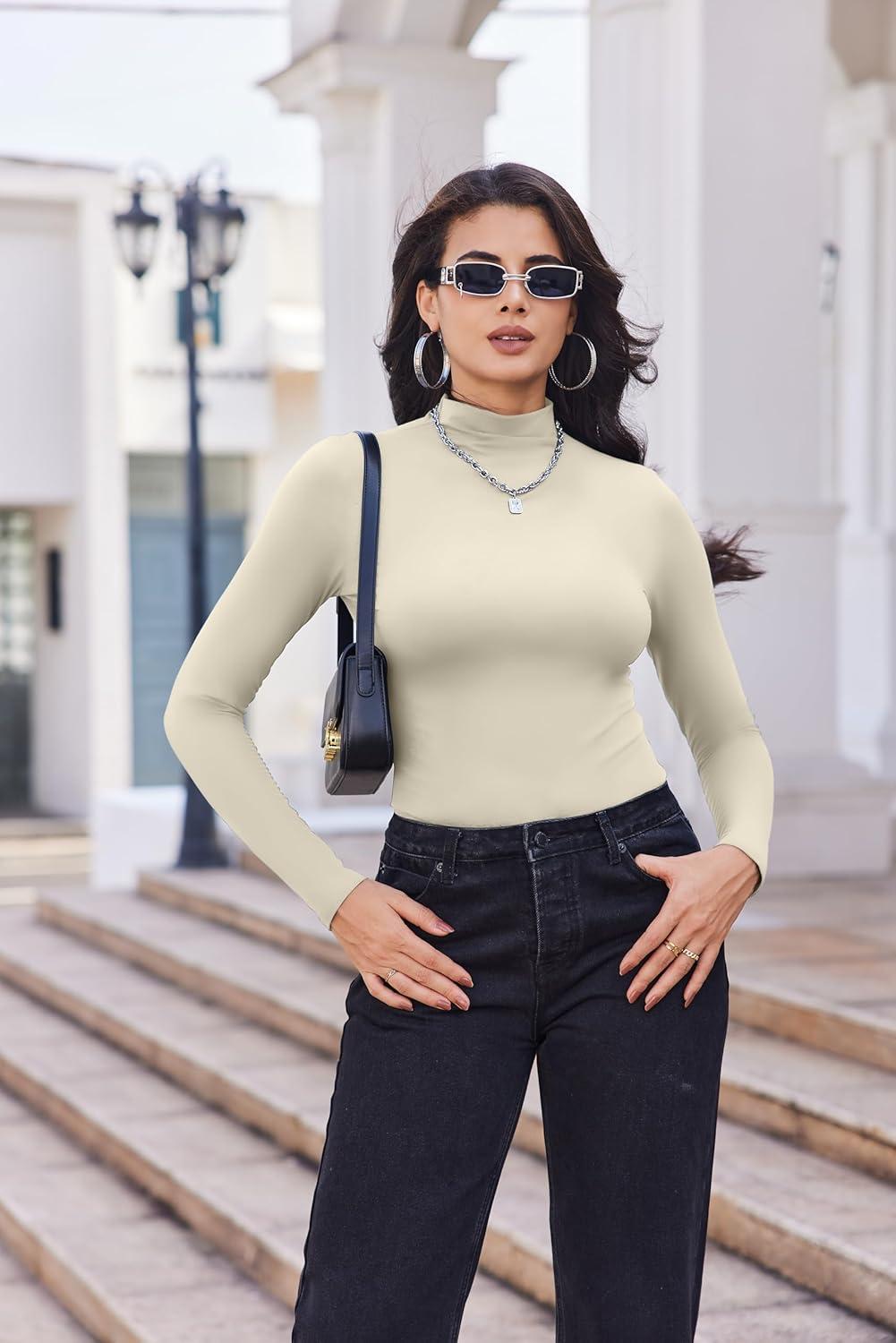 imageEkouaer Turtleneck Shirt Women Long Sleeve Mock Neck Slim Fit Tops Thermal Base Layer Soft Lightweight Stretch UndershirtsCreamy White