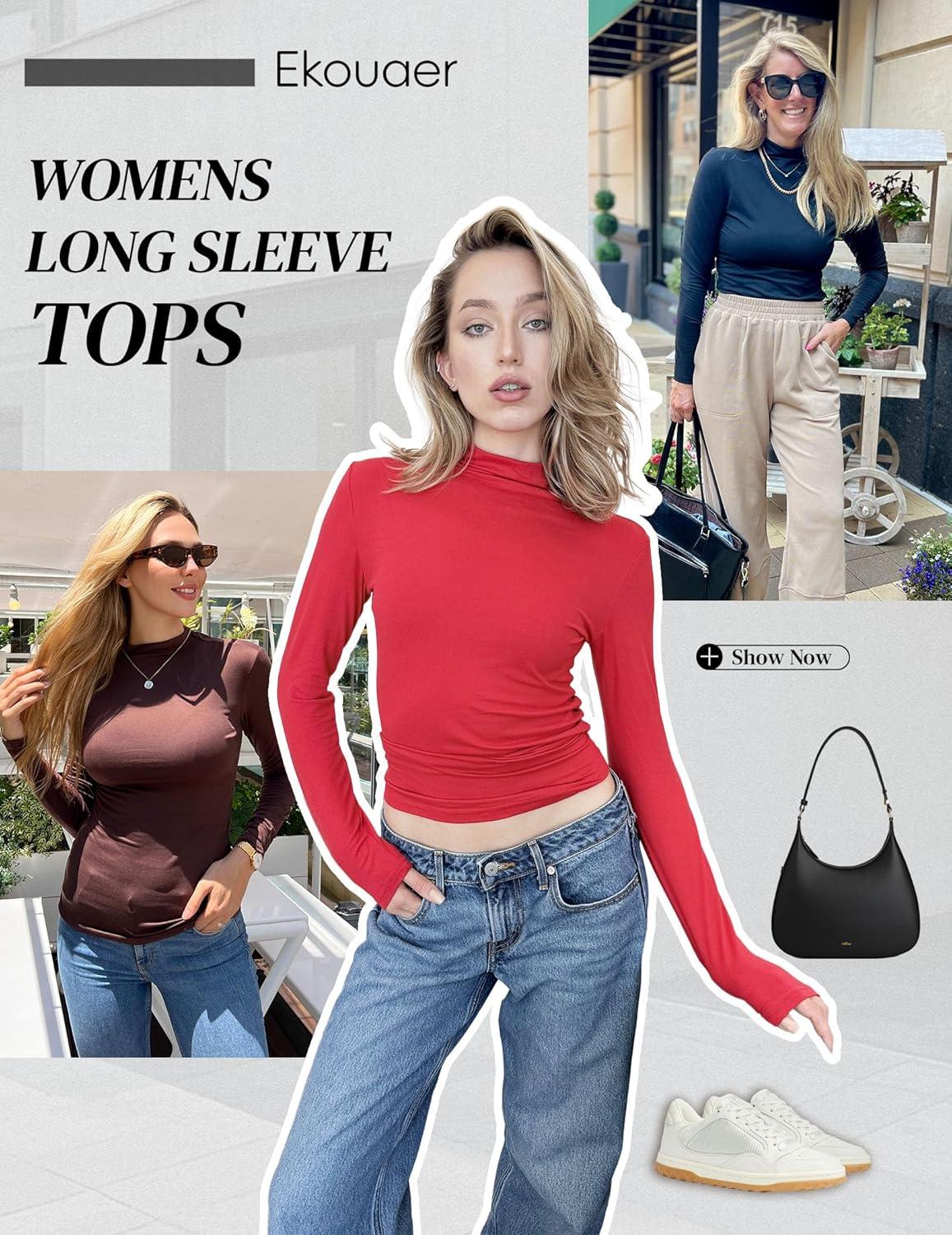 imageEkouaer Turtleneck Shirt Women Long Sleeve Mock Neck Slim Fit Tops Thermal Base Layer Soft Lightweight Stretch UndershirtsGray Blue