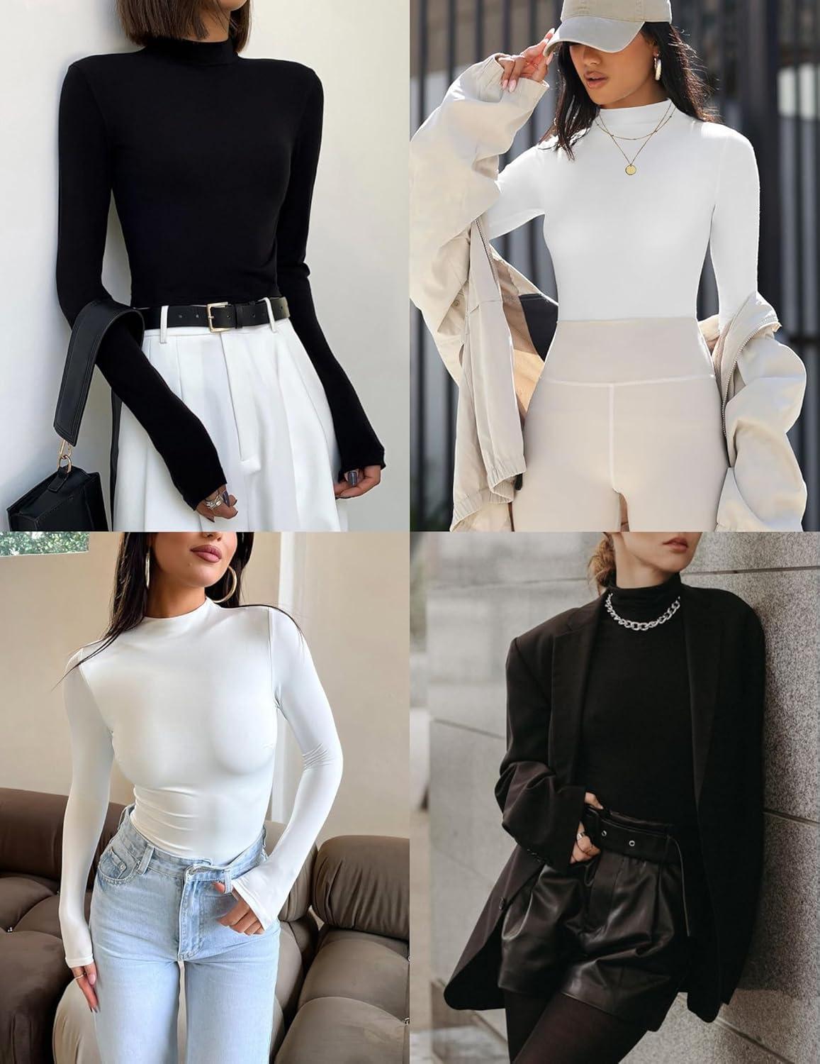 imageEkouaer Turtleneck Shirt Women Long Sleeve Mock Neck Slim Fit Tops Thermal Base Layer Soft Lightweight Stretch UndershirtsGray Blue