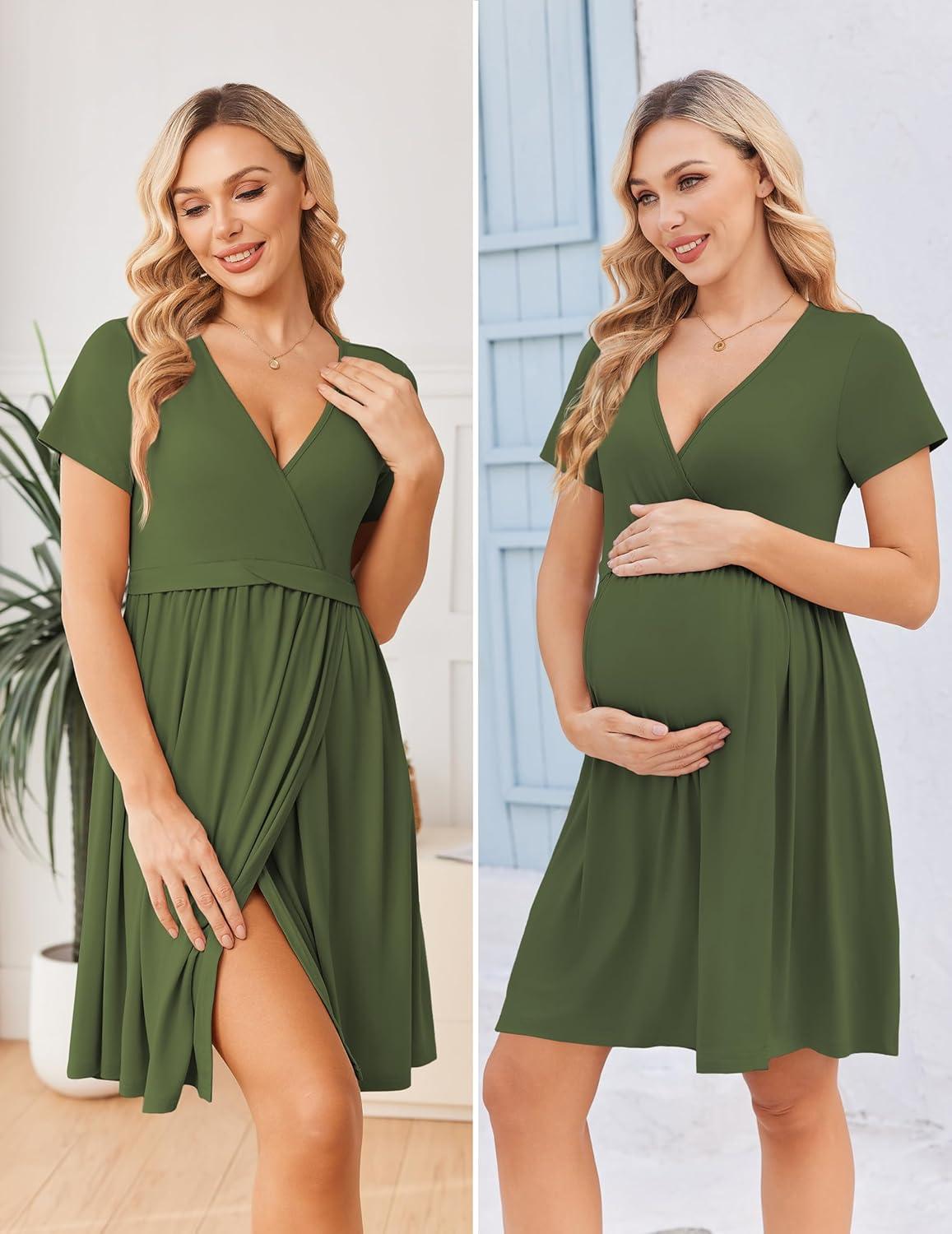 imageEkouaer Women 3 in 1 Labor and Delivery Gown Split Front Flap Maternity Hospital Dress Nursing Nightgown for BreastfeedingArmy Green