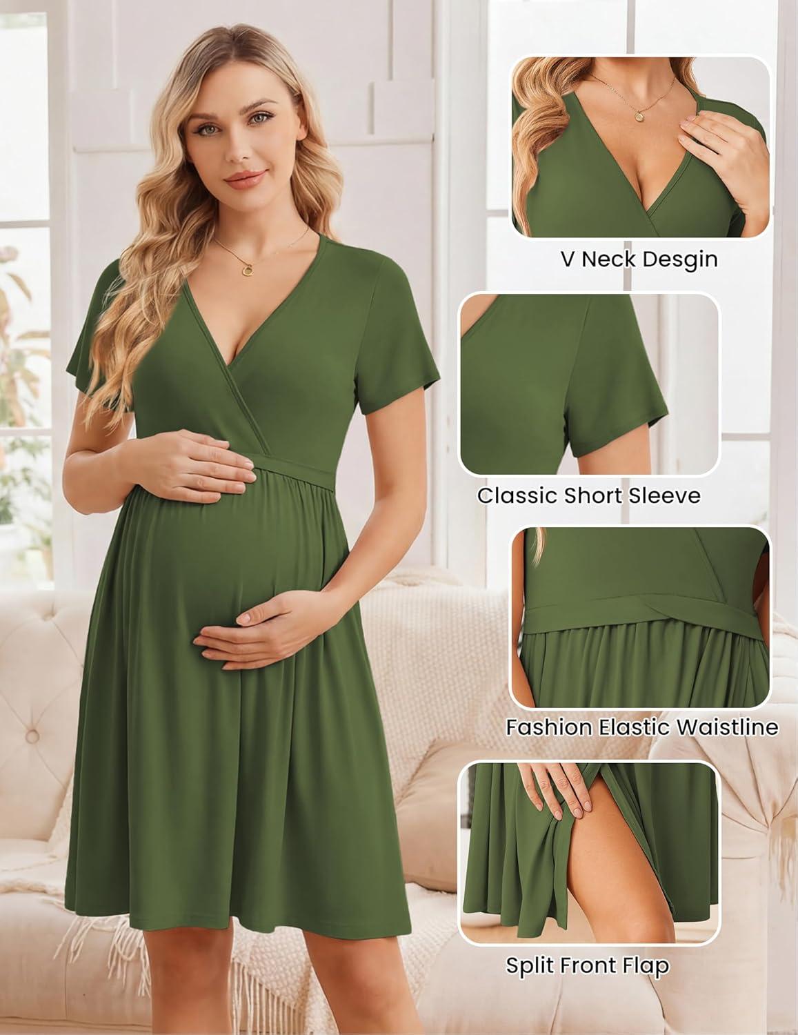imageEkouaer Women 3 in 1 Labor and Delivery Gown Split Front Flap Maternity Hospital Dress Nursing Nightgown for BreastfeedingArmy Green