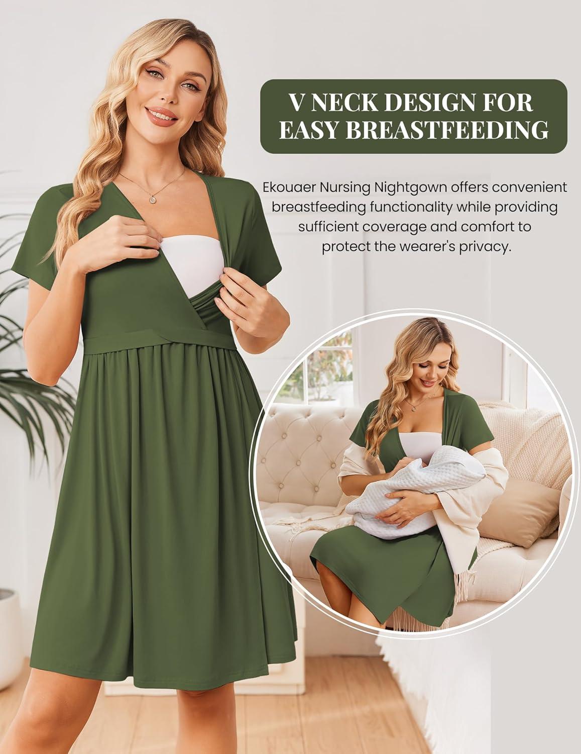 imageEkouaer Women 3 in 1 Labor and Delivery Gown Split Front Flap Maternity Hospital Dress Nursing Nightgown for BreastfeedingArmy Green