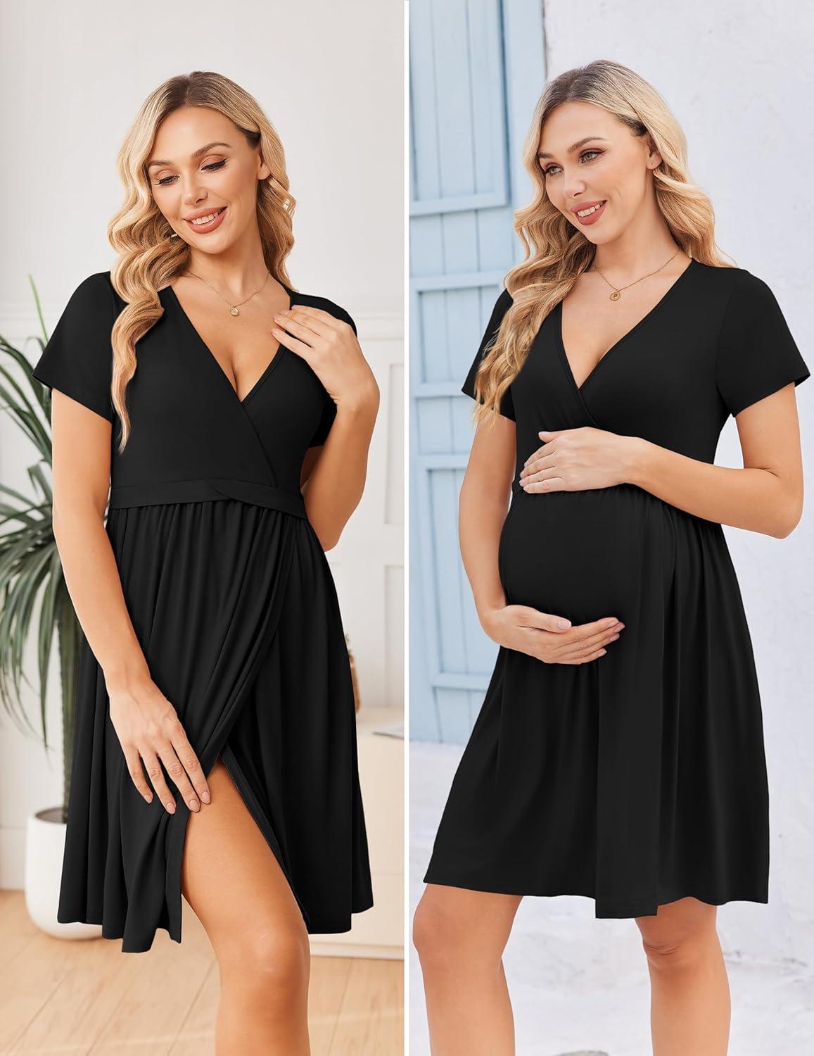 imageEkouaer Women 3 in 1 Labor and Delivery Gown Split Front Flap Maternity Hospital Dress Nursing Nightgown for BreastfeedingBlack