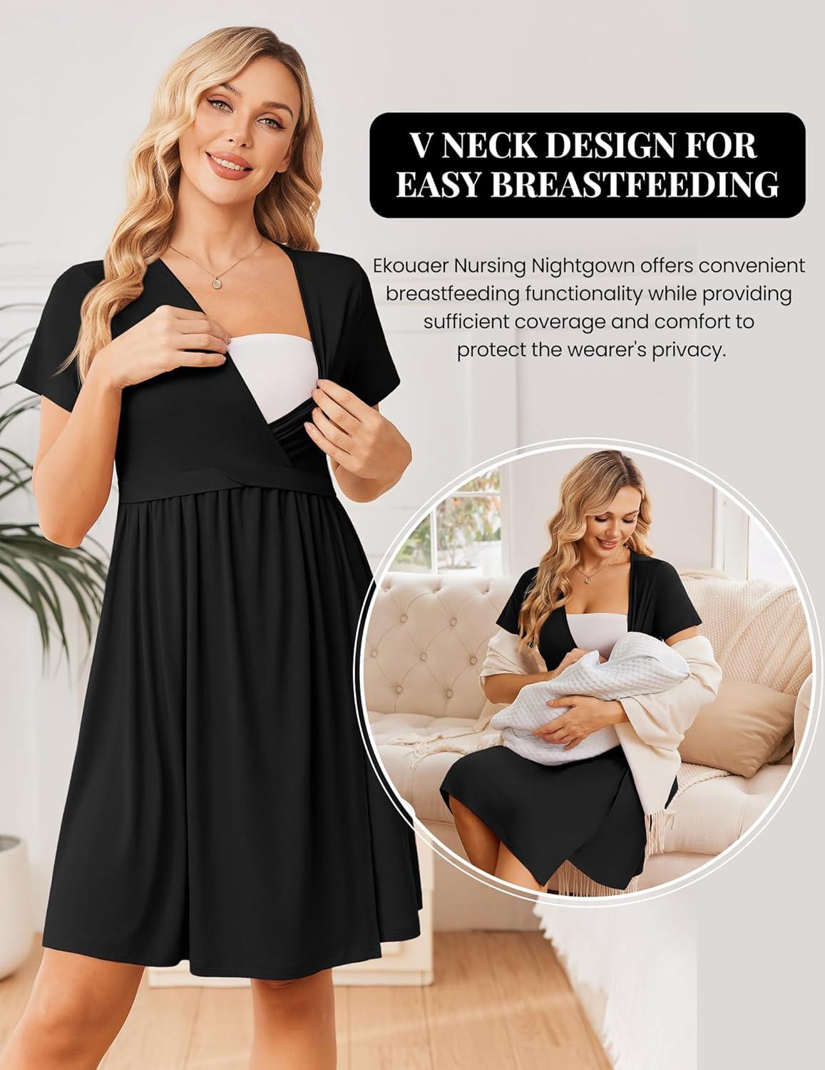 imageEkouaer Women 3 in 1 Labor and Delivery Gown Split Front Flap Maternity Hospital Dress Nursing Nightgown for BreastfeedingBlack