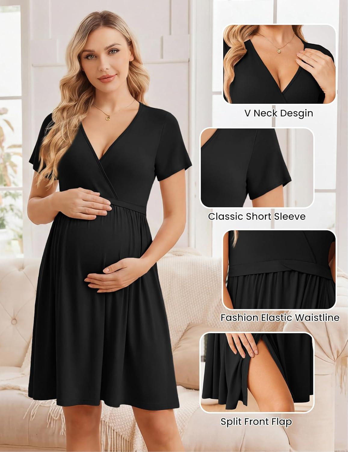 imageEkouaer Women 3 in 1 Labor and Delivery Gown Split Front Flap Maternity Hospital Dress Nursing Nightgown for BreastfeedingBlack