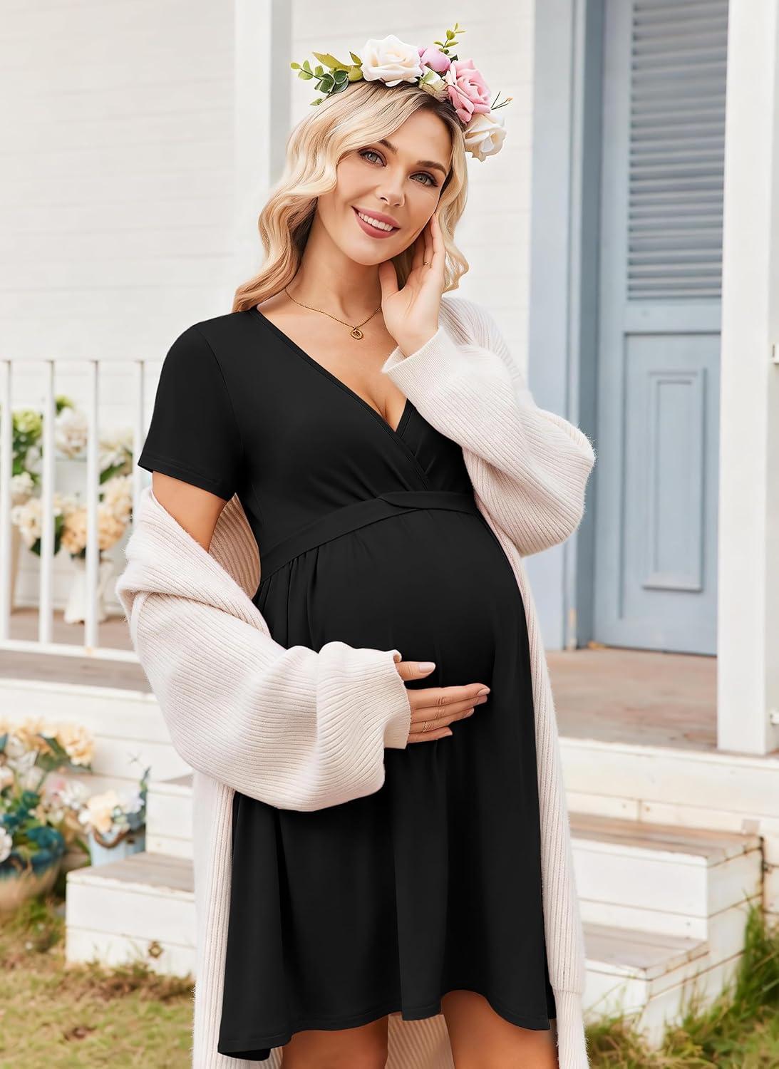 imageEkouaer Women 3 in 1 Labor and Delivery Gown Split Front Flap Maternity Hospital Dress Nursing Nightgown for BreastfeedingBlack