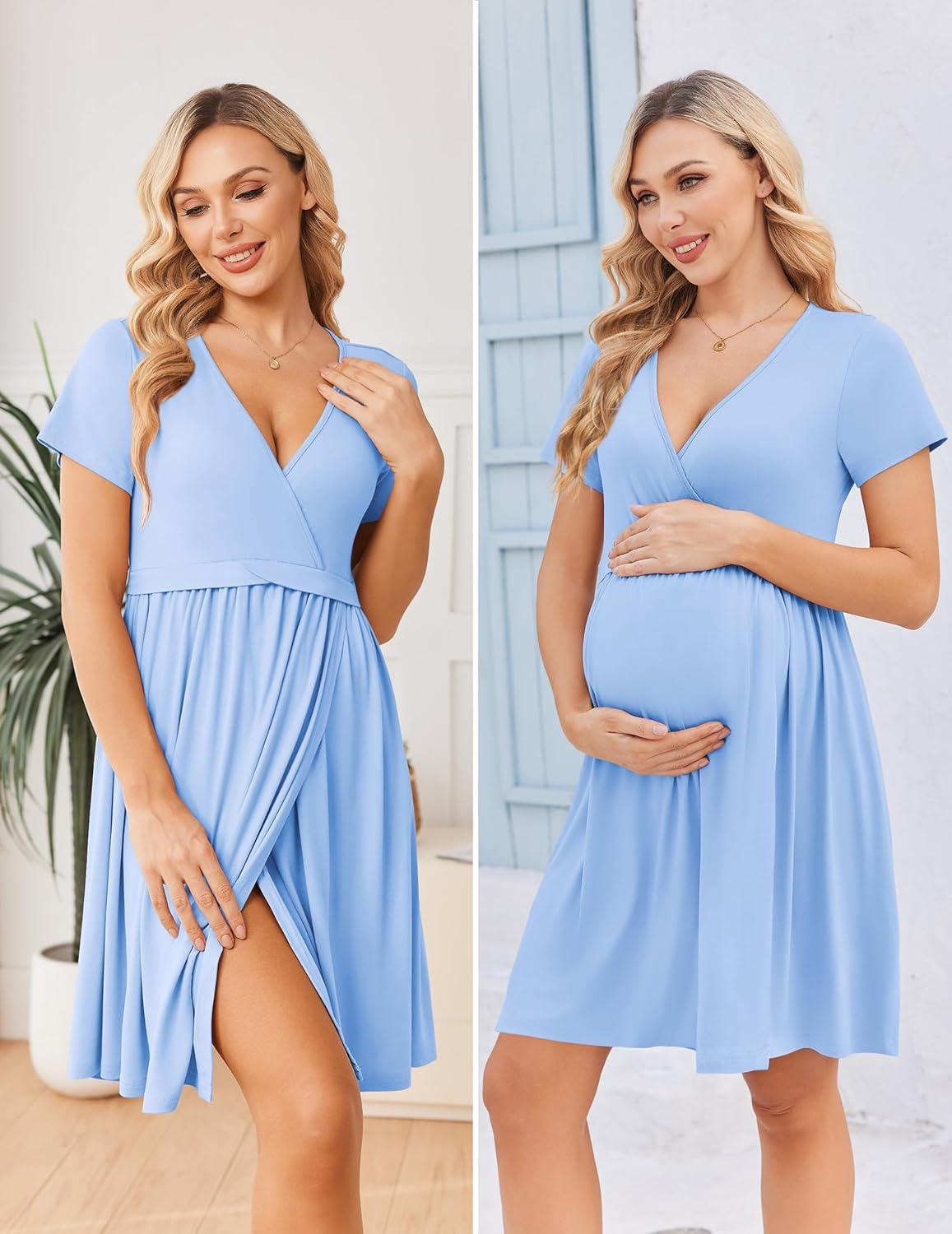imageEkouaer Women 3 in 1 Labor and Delivery Gown Split Front Flap Maternity Hospital Dress Nursing Nightgown for BreastfeedingBlue