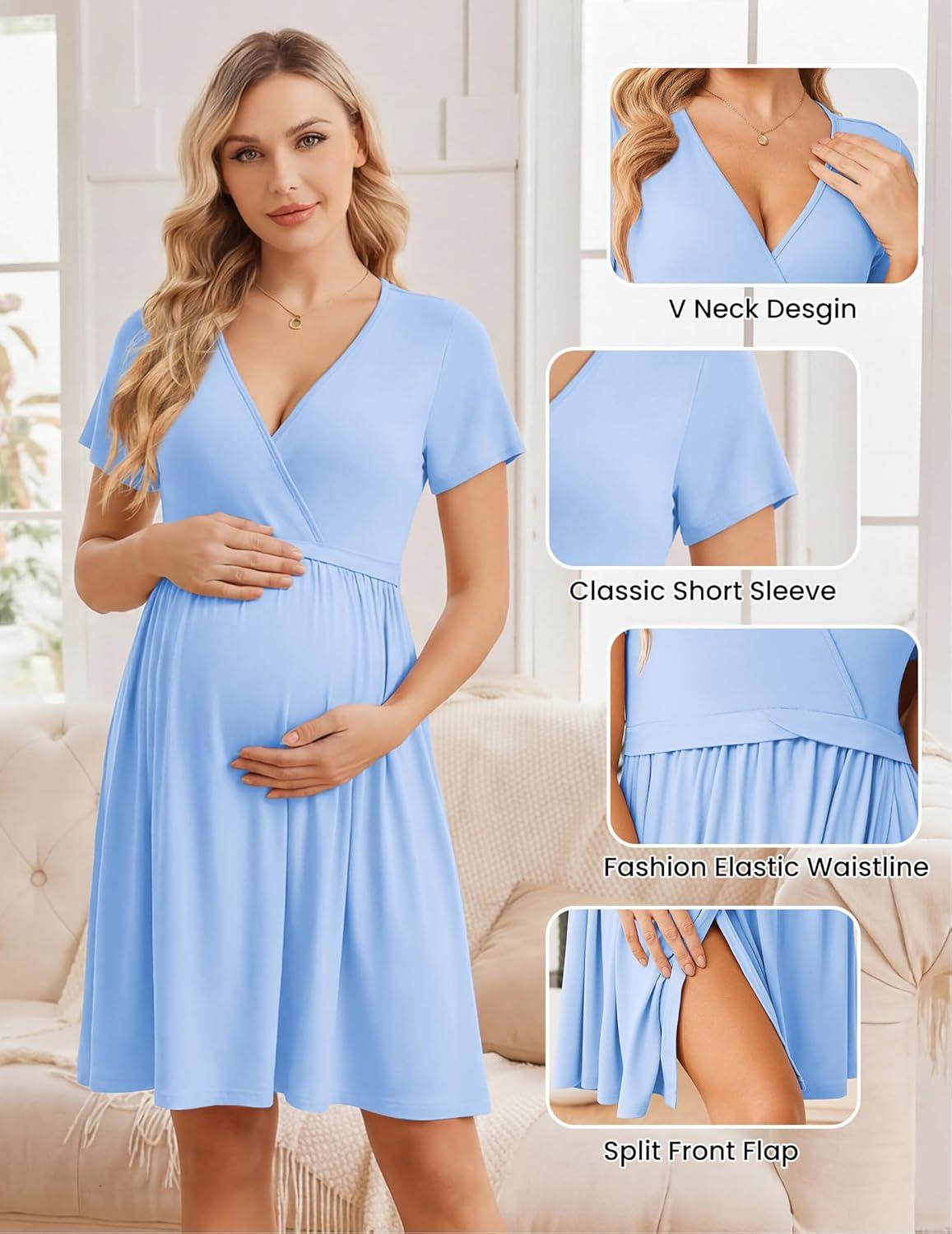 imageEkouaer Women 3 in 1 Labor and Delivery Gown Split Front Flap Maternity Hospital Dress Nursing Nightgown for BreastfeedingBlue