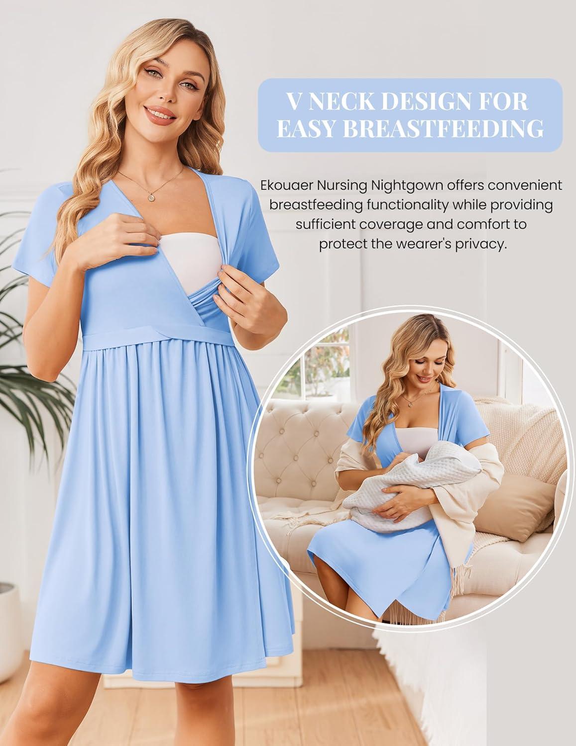 imageEkouaer Women 3 in 1 Labor and Delivery Gown Split Front Flap Maternity Hospital Dress Nursing Nightgown for BreastfeedingBlue