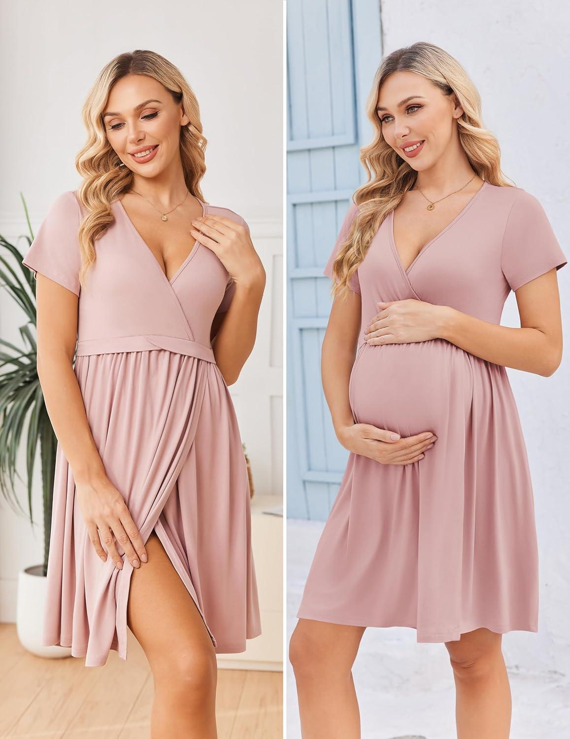imageEkouaer Women 3 in 1 Labor and Delivery Gown Split Front Flap Maternity Hospital Dress Nursing Nightgown for BreastfeedingDirty Pink