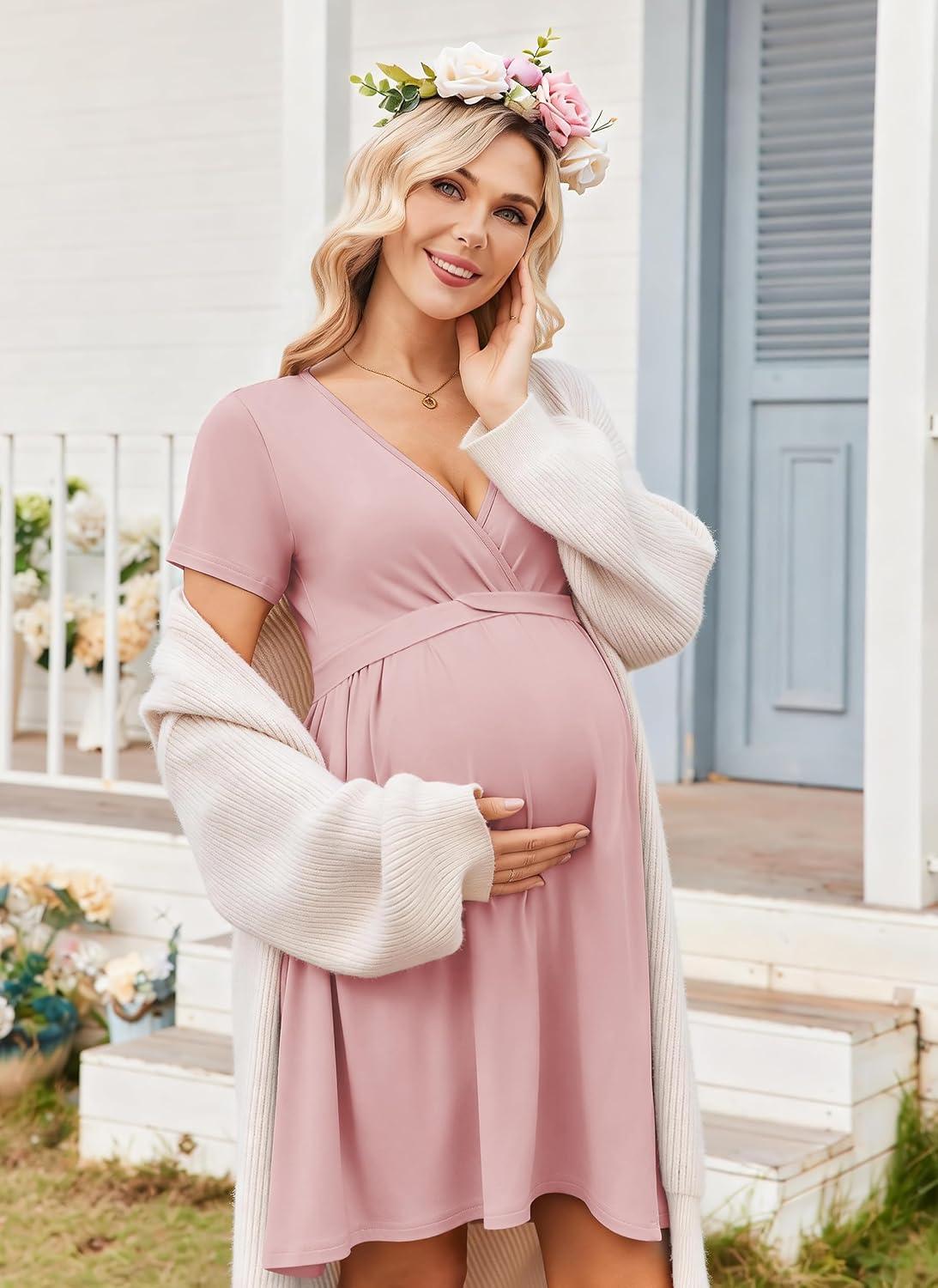 imageEkouaer Women 3 in 1 Labor and Delivery Gown Split Front Flap Maternity Hospital Dress Nursing Nightgown for BreastfeedingDirty Pink