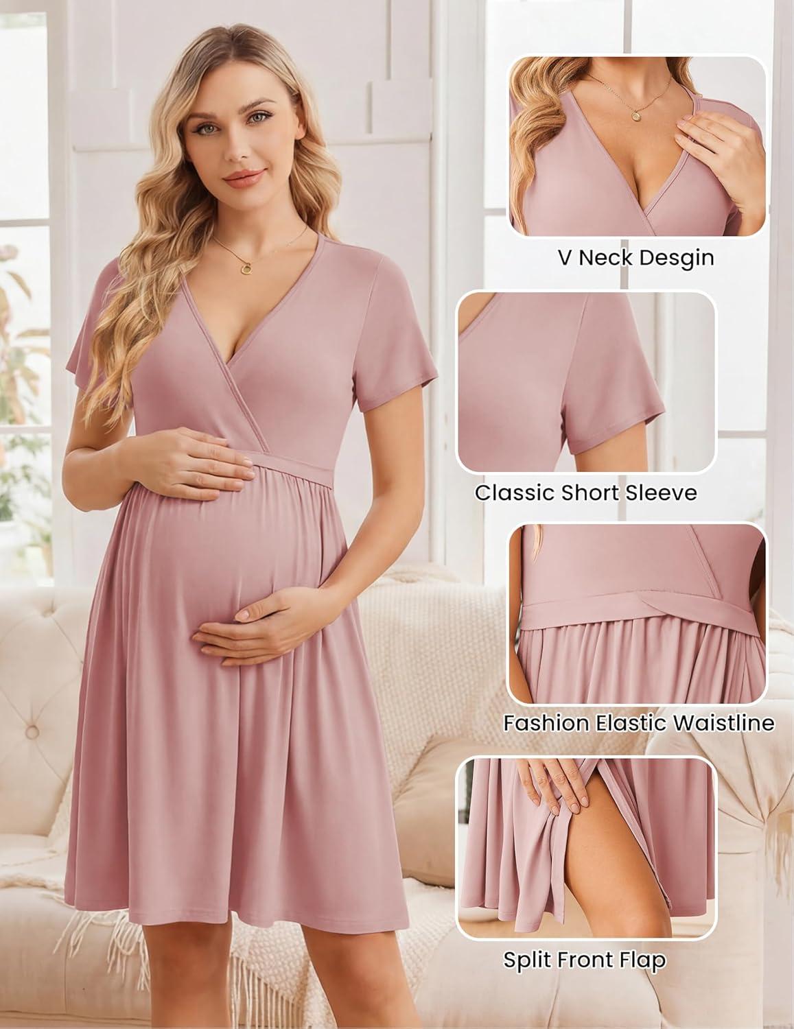imageEkouaer Women 3 in 1 Labor and Delivery Gown Split Front Flap Maternity Hospital Dress Nursing Nightgown for BreastfeedingDirty Pink